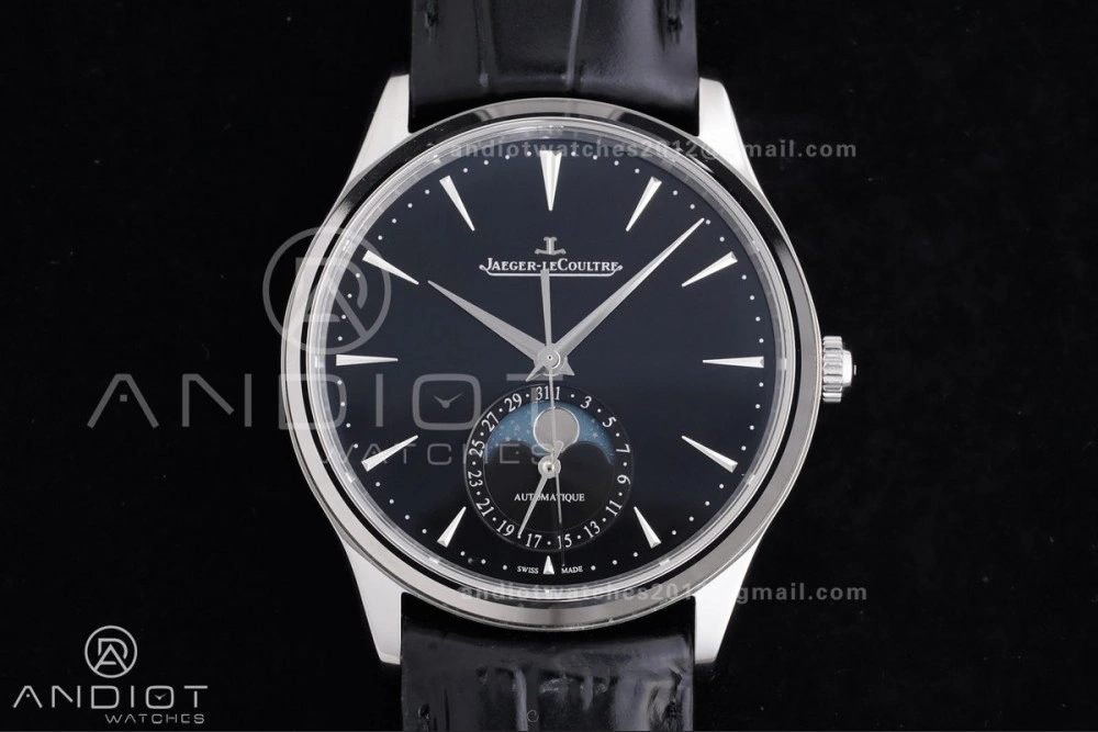 Master Ultra Thin Moon SS APSF 1:1 Best Edition Black Dial on Black Leather Strap SA925 Super Clone
