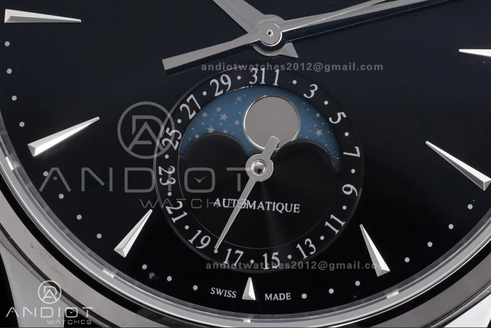 Master Ultra Thin Moon SS APSF 1:1 Best Edition Black Dial on Black Leather Strap SA925 Super Clone