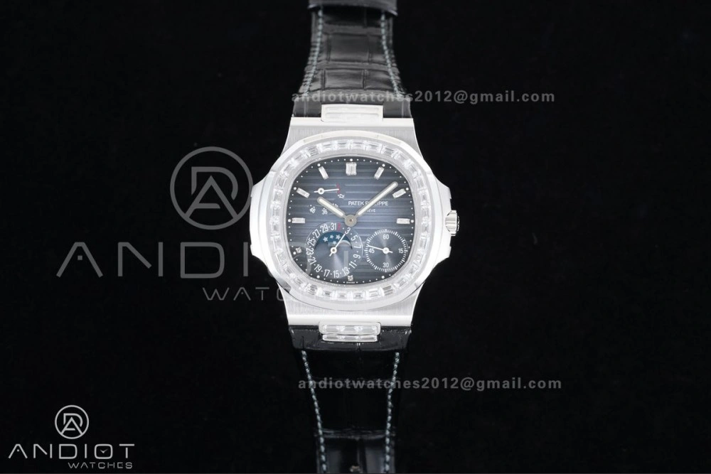 Nautilus 5712 Full Diamonds SS PPF 1:1 Best Edition Blue Dial on Black Leather Strap A240 Super Clone V3
