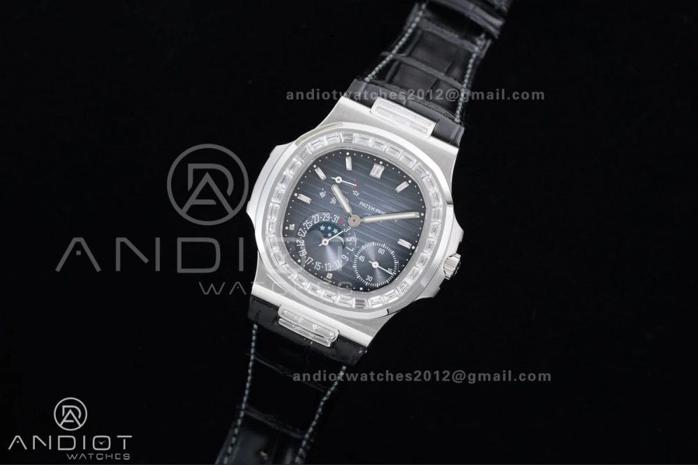 Nautilus 5712 Full Diamonds SS PPF 1:1 Best Edition Blue Dial on Black Leather Strap A240 Super Clone V3