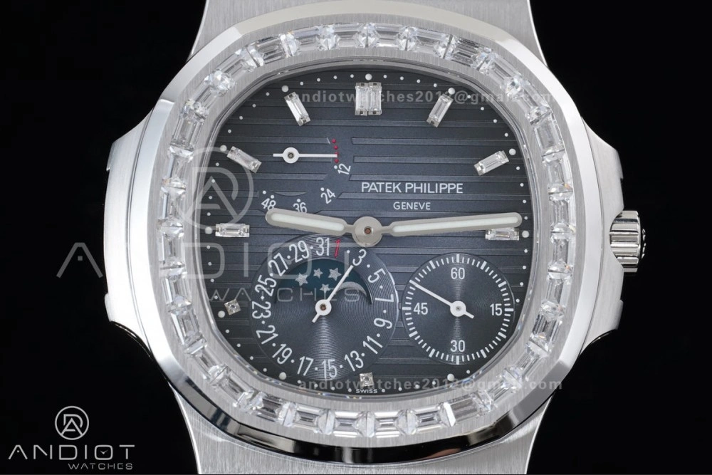 Nautilus 5712 Full Diamonds SS PPF 1:1 Best Edition Blue Dial on Black Leather Strap A240 Super Clone V3