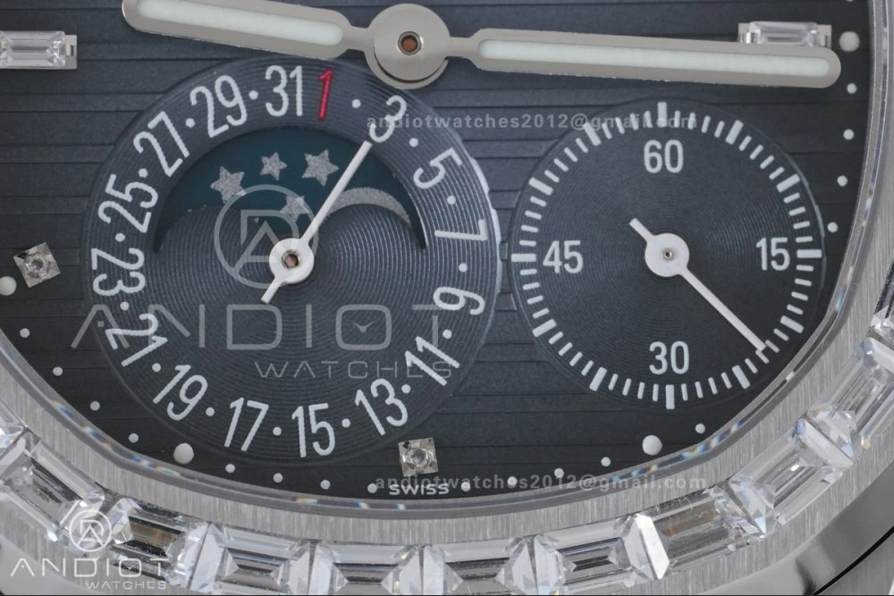 Nautilus 5712 Full Diamonds SS PPF 1:1 Best Edition Blue Dial on Black Leather Strap A240 Super Clone V3