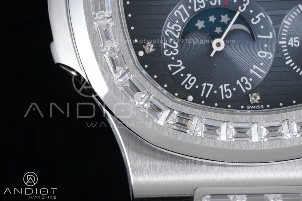 Nautilus 5712 Full Diamonds SS PPF 1:1 Best Edition Blue Dial on Black Leather Strap A240 Super Clone V3