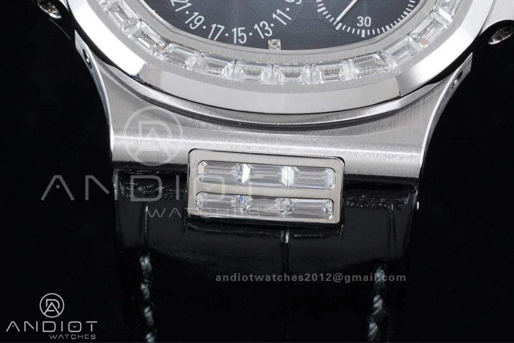 Nautilus 5712 Full Diamonds SS PPF 1:1 Best Edition Blue Dial on Black Leather Strap A240 Super Clone V3