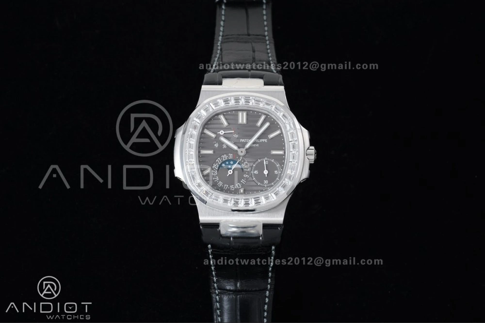 Nautilus 5712 Full Diamonds SS PPF 1:1 Best Edition Gray Dial on Black Leather Strap A240 Super Clone V3