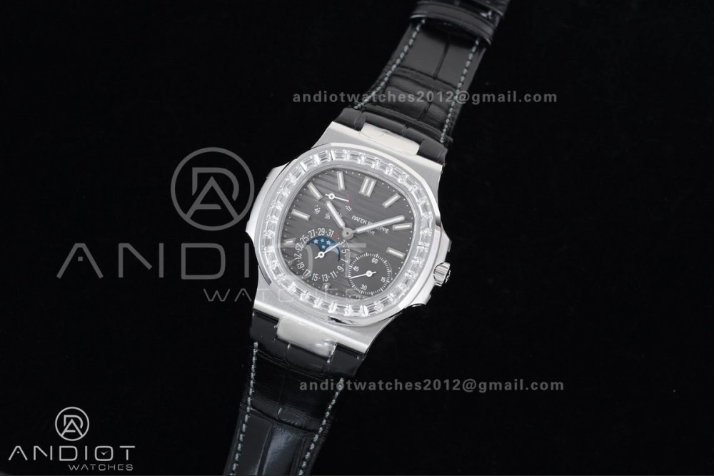 Nautilus 5712 Full Diamonds SS PPF 1:1 Best Edition Gray Dial on Black Leather Strap A240 Super Clone V3