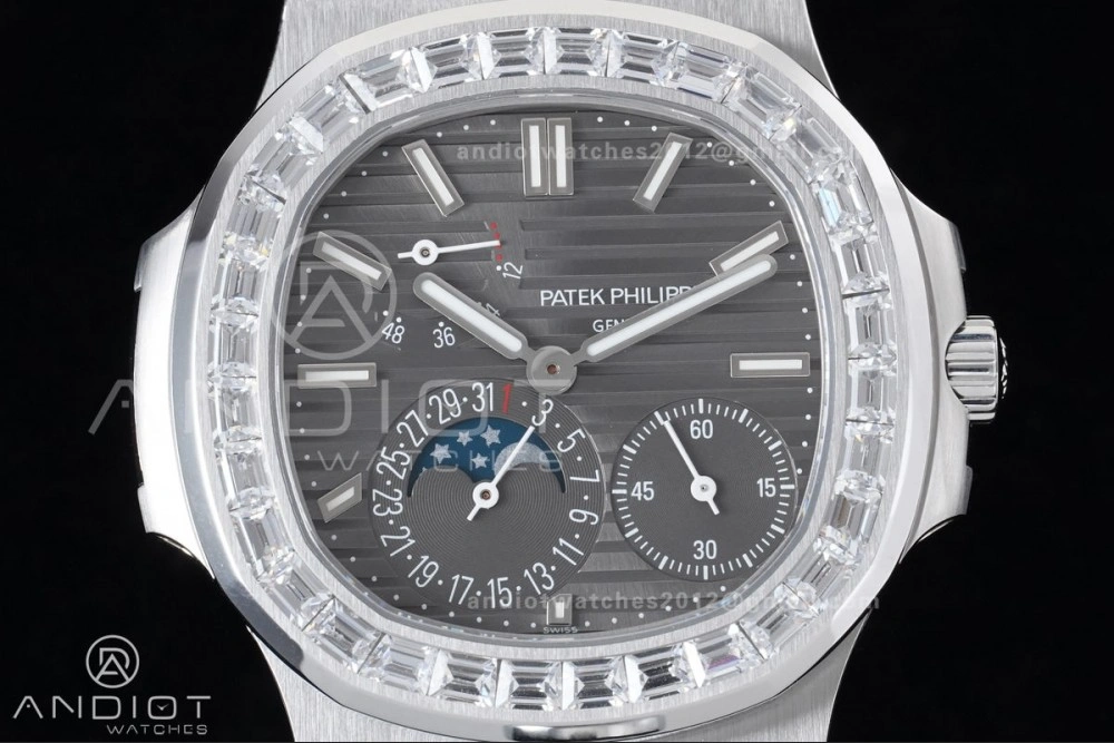 Nautilus 5712 Full Diamonds SS PPF 1:1 Best Edition Gray Dial on Black Leather Strap A240 Super Clone V3