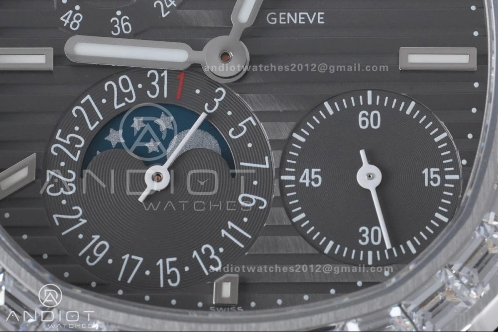 Nautilus 5712 Full Diamonds SS PPF 1:1 Best Edition Gray Dial on Black Leather Strap A240 Super Clone V3