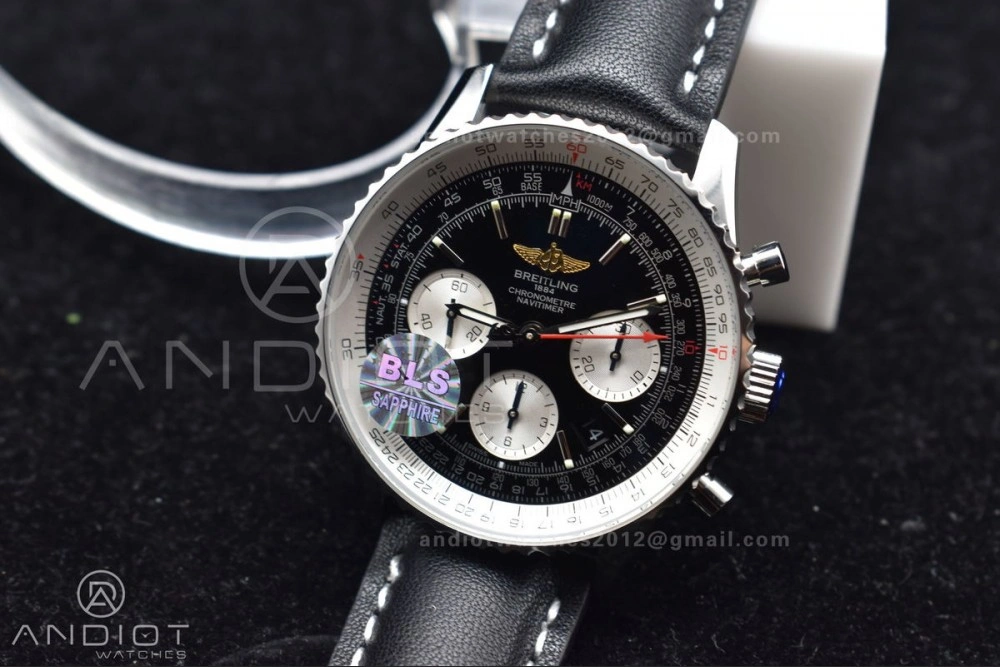 Navitimer 1 SS 43mm BLS 1:1 Best Edition Black Dial on Leather Bracelet A7750