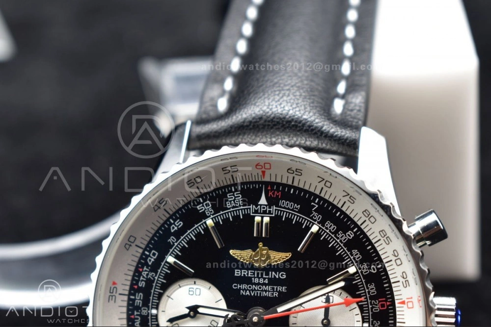 Navitimer 1 SS 43mm BLS 1:1 Best Edition Black Dial on Leather Bracelet A7750