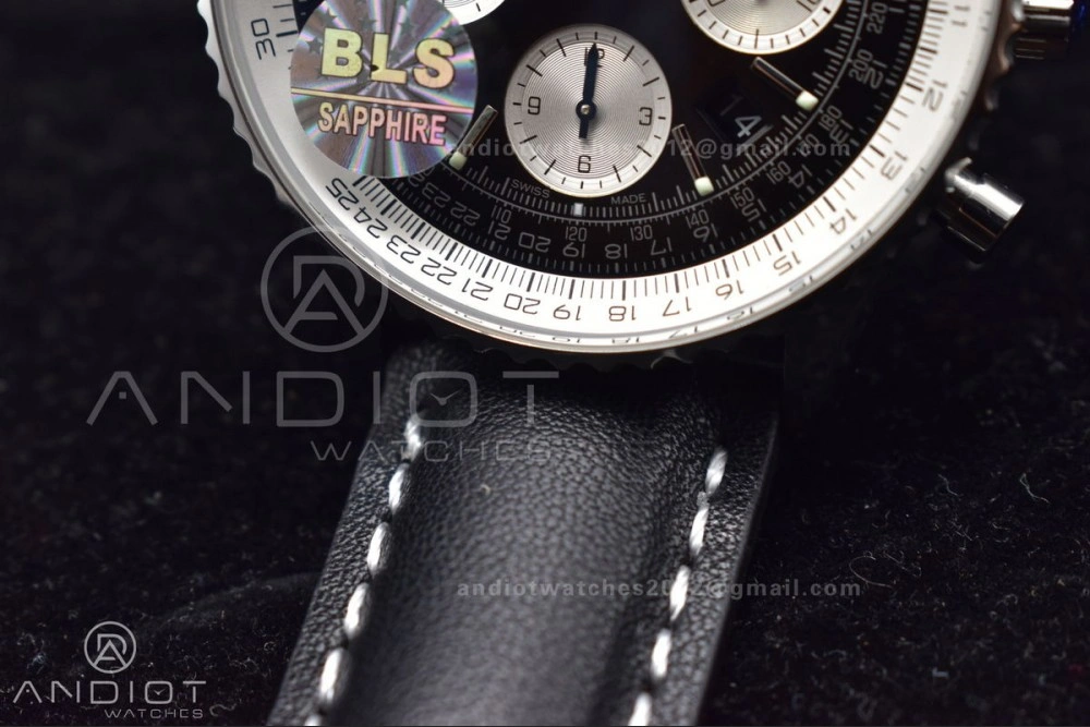 Navitimer 1 SS 43mm BLS 1:1 Best Edition Black Dial on Leather Bracelet A7750