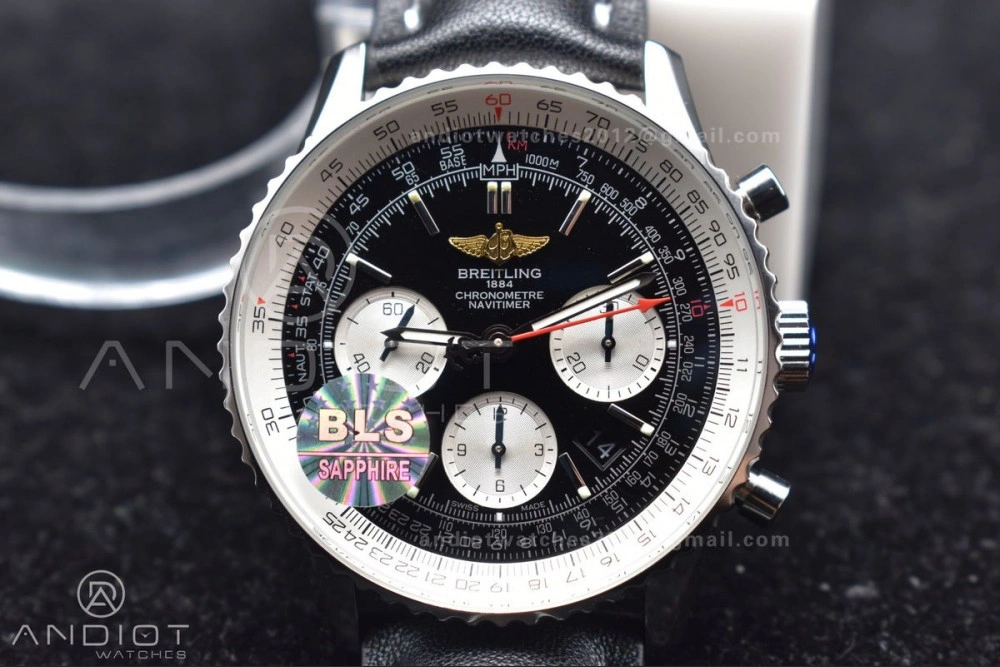 Navitimer 1 SS 43mm BLS 1:1 Best Edition Black Dial on Leather Bracelet A7750