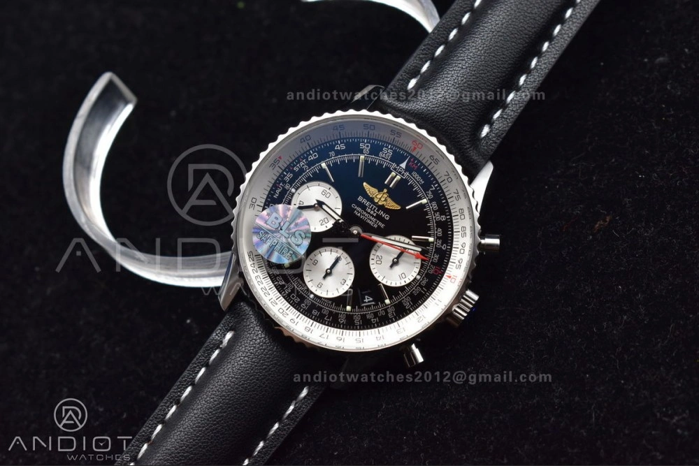 Navitimer 1 SS 43mm BLS 1:1 Best Edition Black Dial on Leather Bracelet A7750