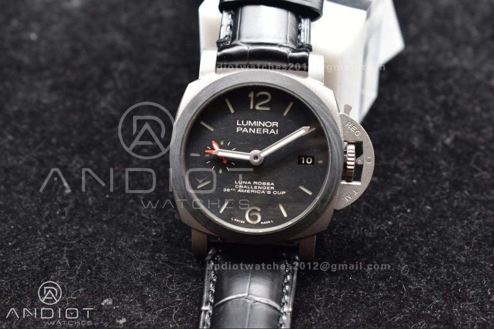 PAM1096 W Luminor GMT 42mm Titanium VSF 1:1 Best Edition Black Dial on Black Leather Strap P.9011 Super Clone