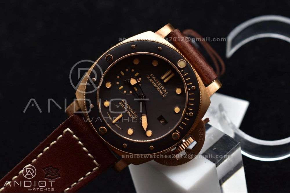 PAM968 V Bronzo VSF 1:1 Best Edition Brown Ceramic Bezel and Dial on Brown Calfskin Strap P.9010 Clone