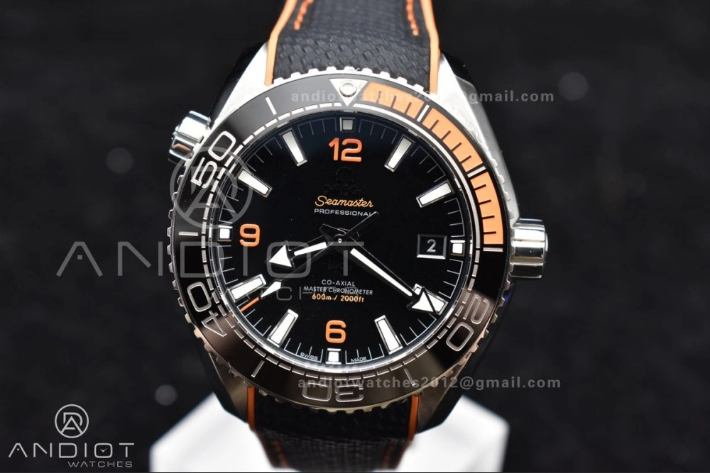 Planet Ocean 43.5mm SS VSF 1:1 Best Edition Black Orange Bezel Black Dial on Nylon Strap A8900 Super Clone V2