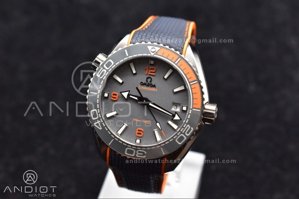 Planet Ocean 43.5mm SS VSF 1:1 Best Edition Black Orange Bezel Gray Dial on Nylon Strap A8900 Super Clone V2