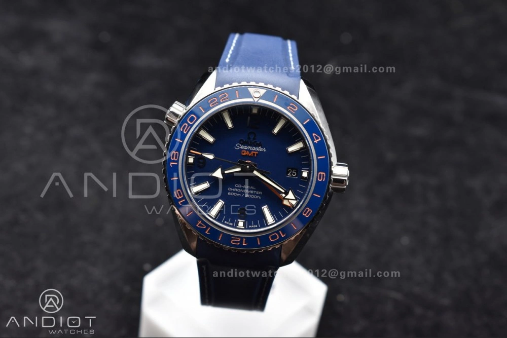 Planet Ocean 600M Co-Axial GMT 43.5mm VSF 1:1 Best Edition Blue Dial Blue Ceramic Bezel on Rubber Strap A8605 Super Clone