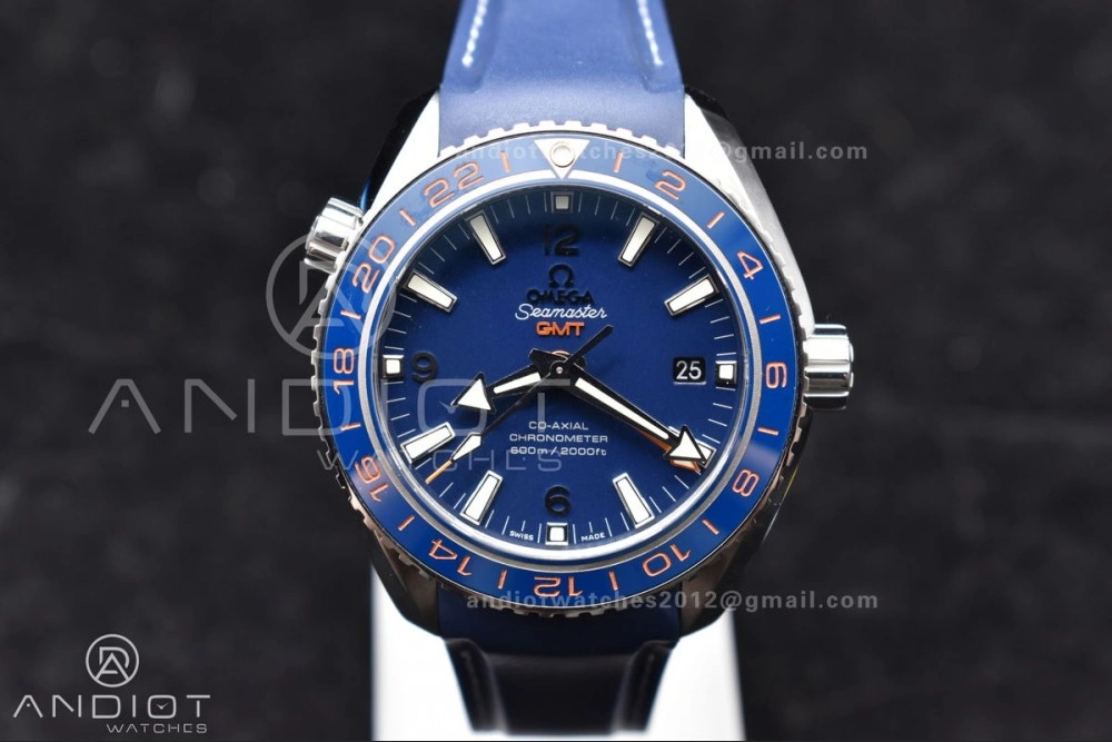 Planet Ocean 600M Co-Axial GMT 43.5mm VSF 1:1 Best Edition Blue Dial Blue Ceramic Bezel on Rubber Strap A8605 Super Clone
