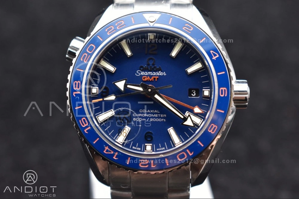 Planet Ocean 600M Co-Axial GMT 43.5mm VSF 1:1 Best Edition Blue Dial Blue Ceramic Bezel on SS Bracelet A8605 Super Clone