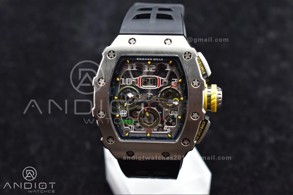 RM011 SS Chrono KVF 1:1 Best Edition Crystal Dial Black on Black Rubber Strap A7750 V3