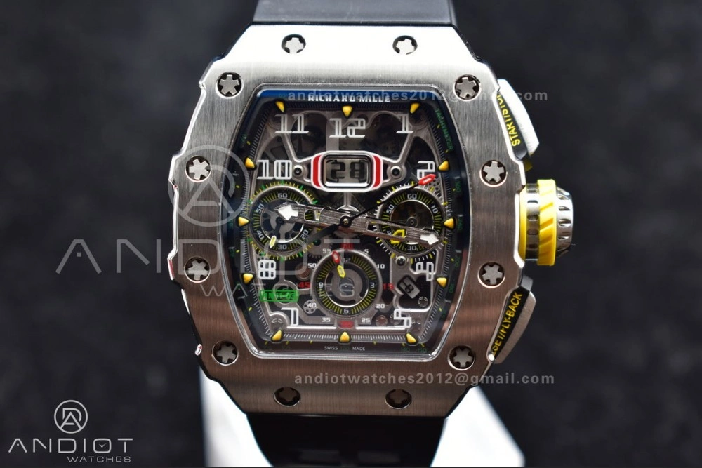 RM011 SS Chrono KVF 1:1 Best Edition Crystal Dial Black on Black Rubber Strap A7750 V3