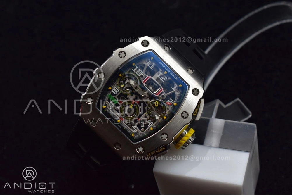 RM011 SS Chrono KVF 1:1 Best Edition Crystal Dial Black on Black Rubber Strap A7750 V3