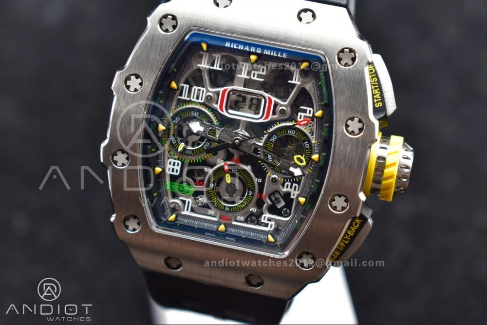 RM011 SS Chrono KVF 1:1 Best Edition Crystal Dial Black on Black Rubber Strap A7750 V3