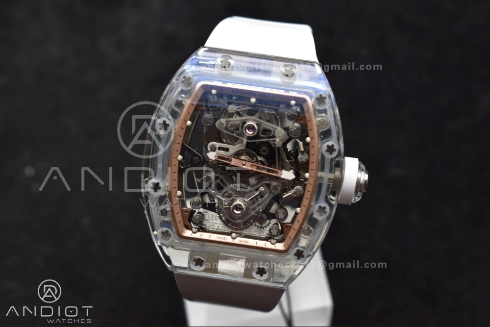 RM56-02 Transparent Tourbillon RMF Best Edition Skeleton Gold Dial on White Rubber Strap
