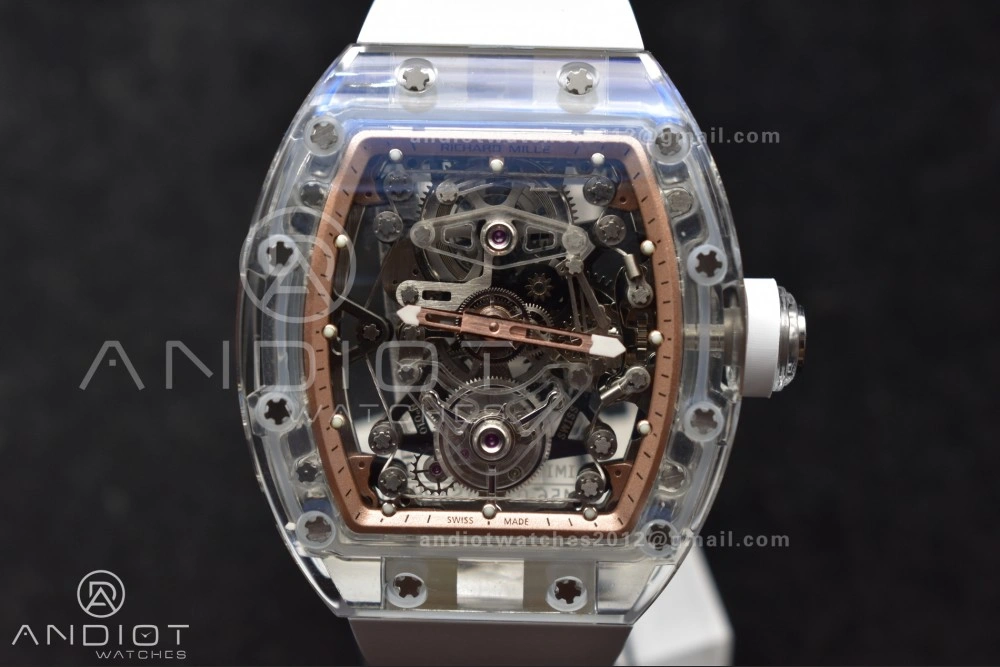 RM56-02 Transparent Tourbillon RMF Best Edition Skeleton Gold Dial on White Rubber Strap