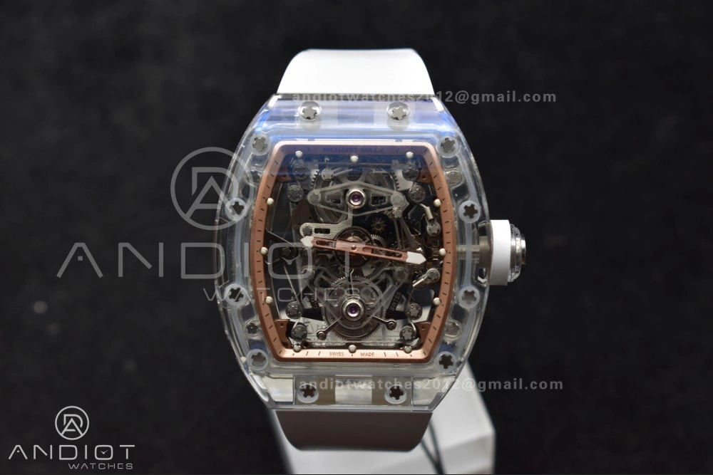 RM56-02 Transparent Tourbillon RMF Best Edition Skeleton Gold Dial on White Rubber Strap