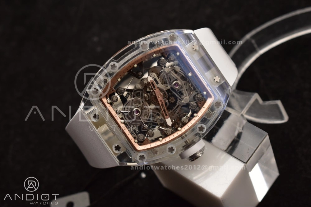 RM56-02 Transparent Tourbillon RMF Best Edition Skeleton Gold Dial on White Rubber Strap
