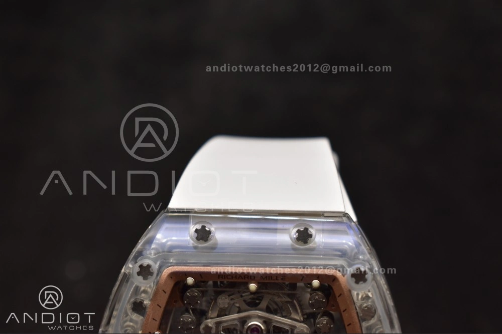 RM56-02 Transparent Tourbillon RMF Best Edition Skeleton Gold Dial on White Rubber Strap