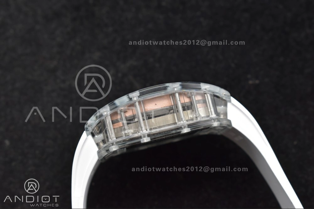 RM56-02 Transparent Tourbillon RMF Best Edition Skeleton Gold Dial on White Rubber Strap