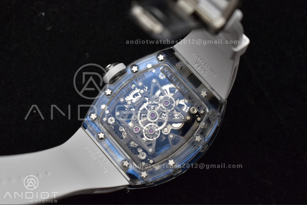 RM56-02 Transparent Tourbillon RMF Best Edition Skeleton Gold Dial on White Rubber Strap
