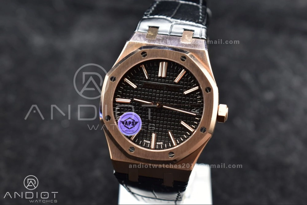 Royal Oak 41mm 15400 RG APSF 1:1 Best Edition Black Textured Dial on Black Leather Strap SA3120 Super Clone V3