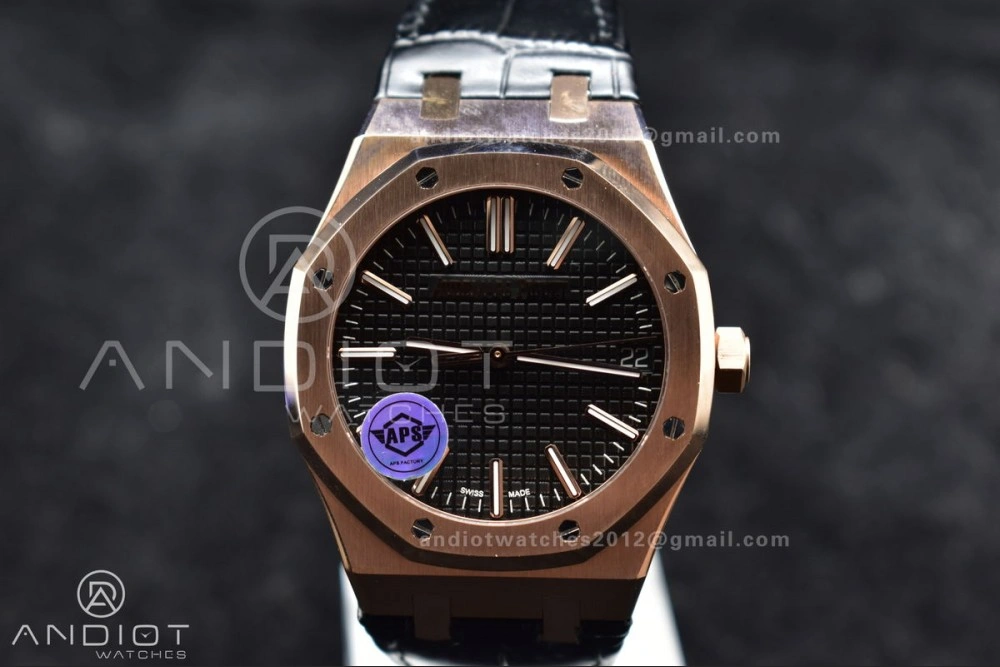 Royal Oak 41mm 15400 RG APSF 1:1 Best Edition Black Textured Dial on Black Leather Strap SA3120 Super Clone V3