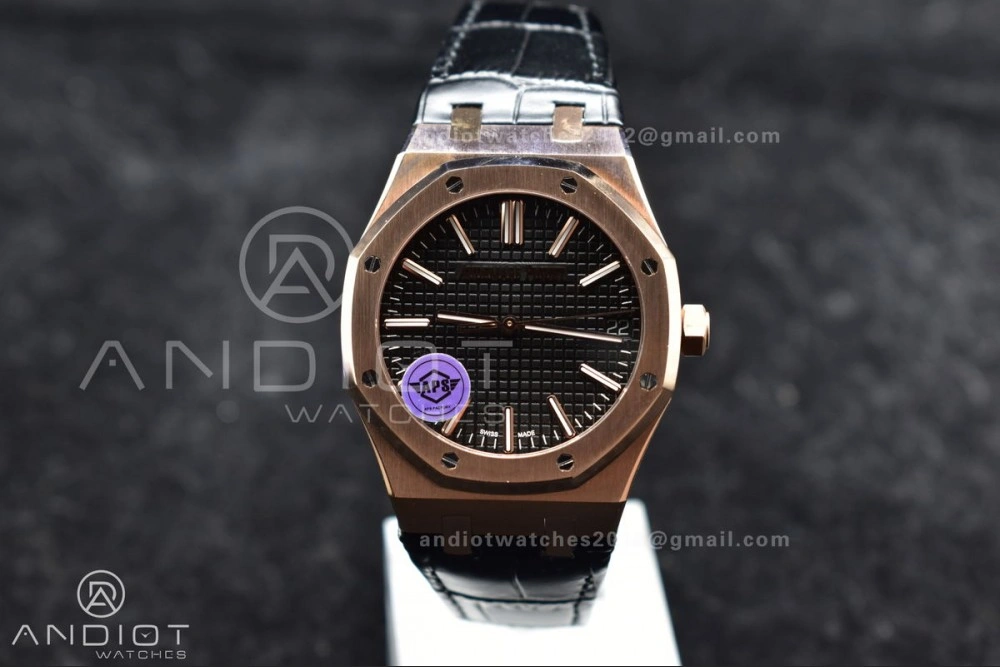 Royal Oak 41mm 15400 RG APSF 1:1 Best Edition Black Textured Dial on Black Leather Strap SA3120 Super Clone V3