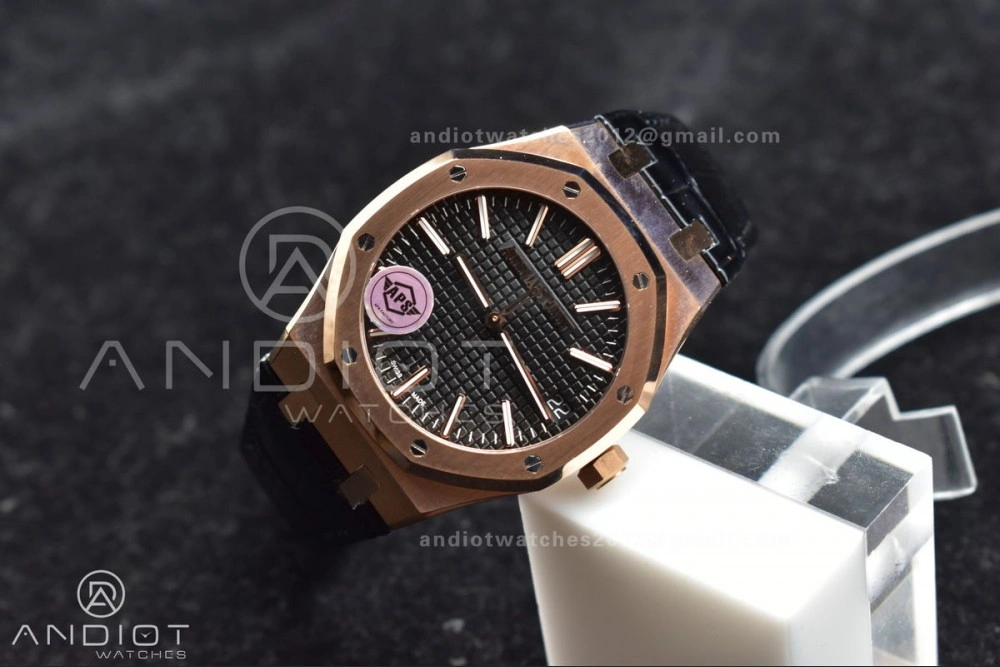 Royal Oak 41mm 15400 RG APSF 1:1 Best Edition Black Textured Dial on Black Leather Strap SA3120 Super Clone V3