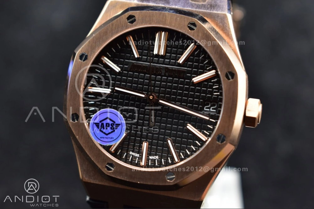 Royal Oak 41mm 15400 RG APSF 1:1 Best Edition Black Textured Dial on Black Leather Strap SA3120 Super Clone V3