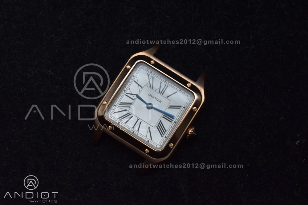 Santos Dumont 27.5mm SS RG AF 1:1 Best Edition Silver Dial on Black Leather Strap A157