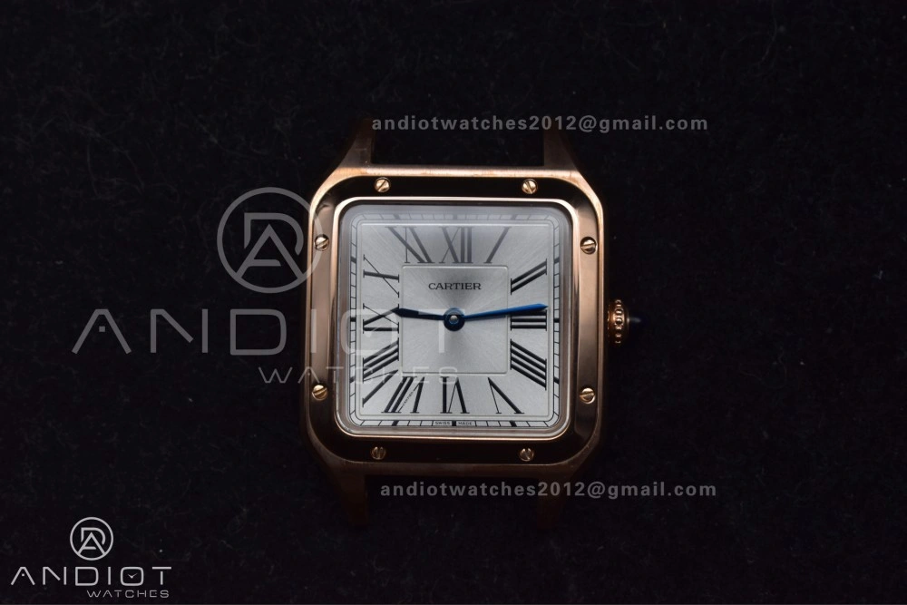 Santos Dumont 27.5mm SS RG AF 1:1 Best Edition Silver Dial on Black Leather Strap A157