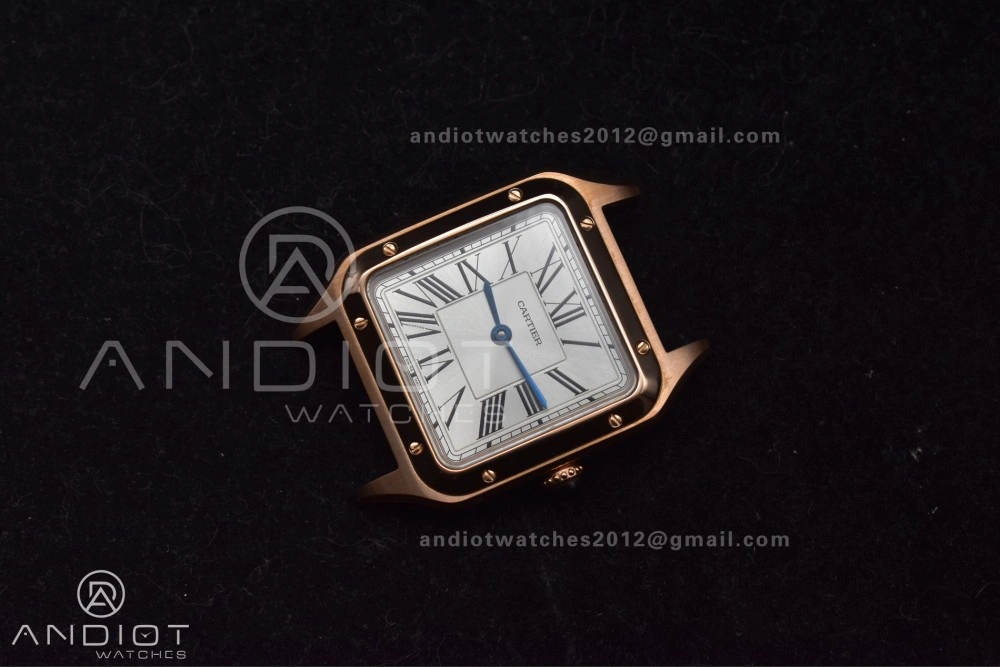 Santos Dumont 27.5mm SS RG AF 1:1 Best Edition Silver Dial on Black Leather Strap A157