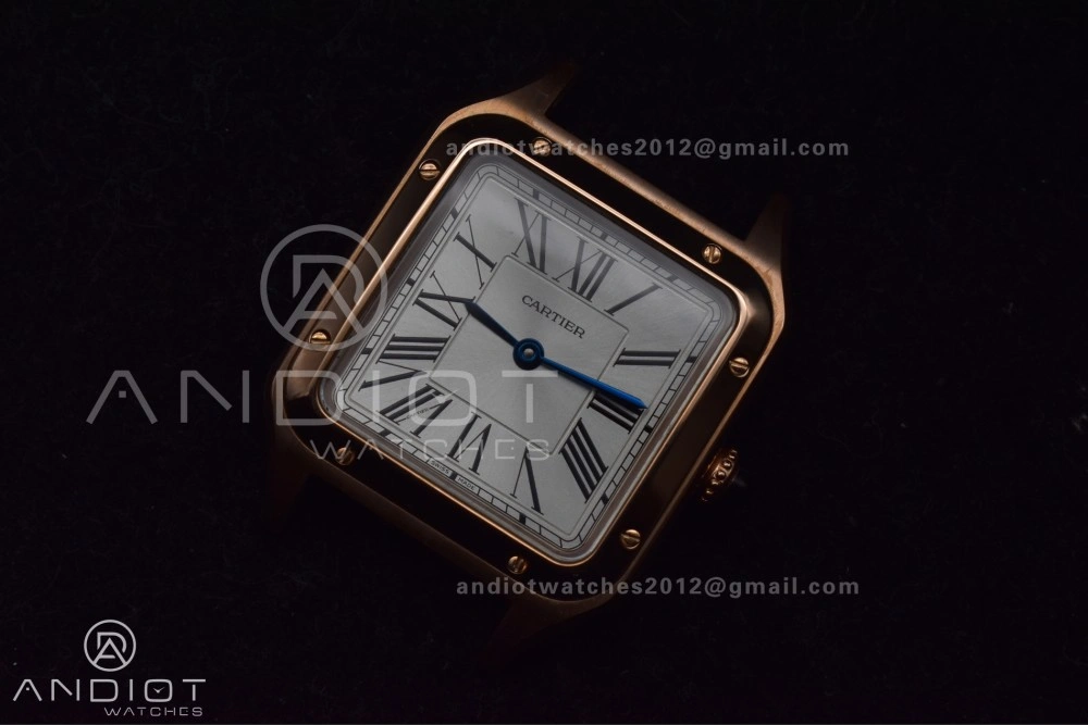 Santos Dumont 27.5mm SS RG AF 1:1 Best Edition Silver Dial on Black Leather Strap A157