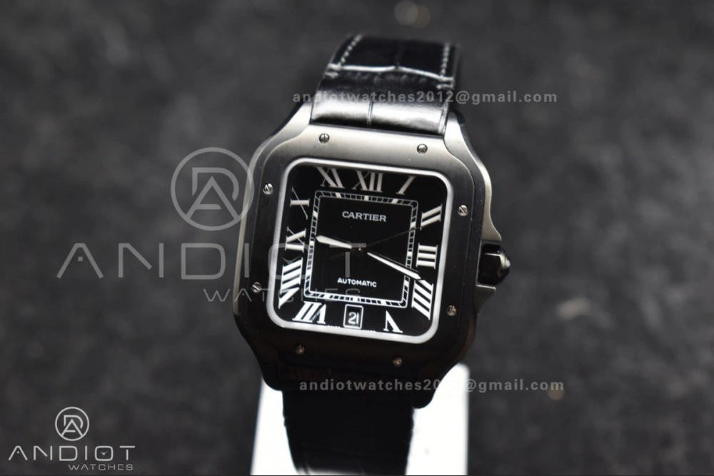 Santos de Cartier 40mm PVD BVF 1:1 Best Edition Black Dial on Black Leather Strap MIYOTA 9015