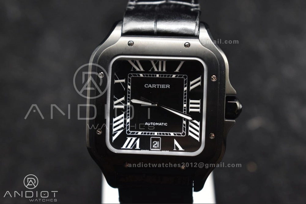 Santos de Cartier 40mm PVD BVF 1:1 Best Edition Black Dial on Black Leather Strap MIYOTA 9015