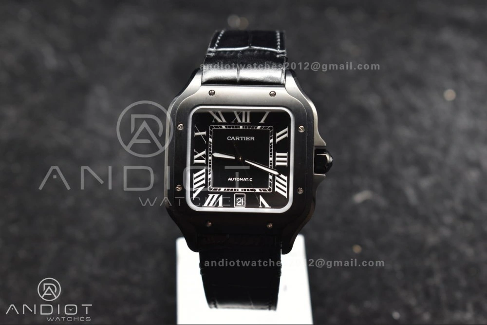Santos de Cartier 40mm PVD BVF 1:1 Best Edition Black Dial on Black Leather Strap MIYOTA 9015