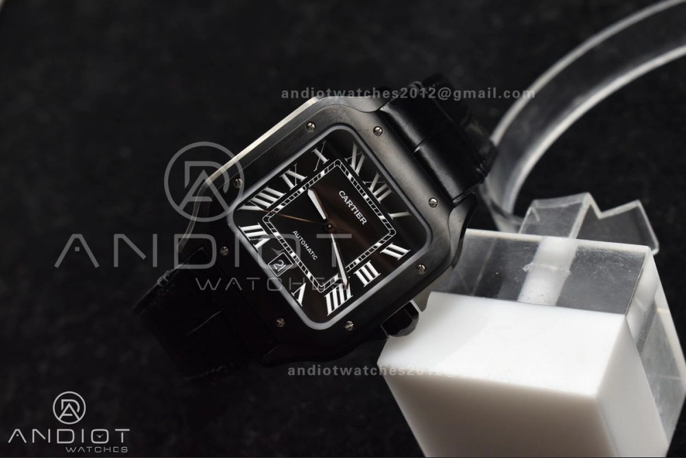 Santos de Cartier 40mm PVD BVF 1:1 Best Edition Black Dial on Black Leather Strap MIYOTA 9015