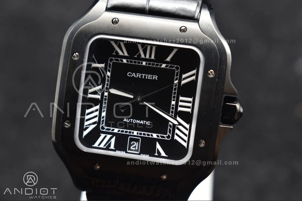 Santos de Cartier 40mm PVD BVF 1:1 Best Edition Black Dial on Black Leather Strap MIYOTA 9015