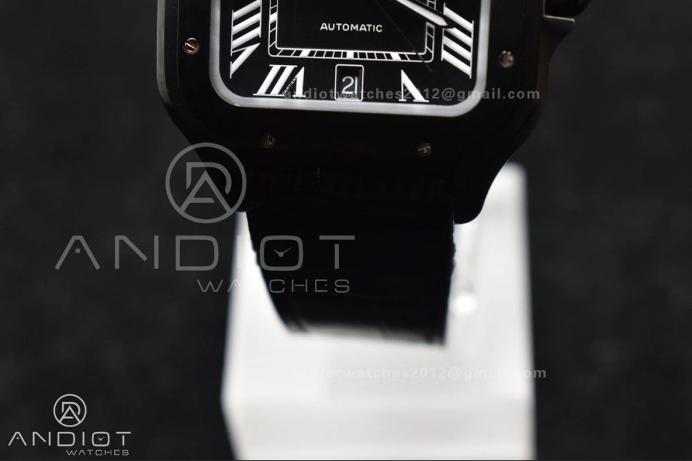 Santos de Cartier 40mm PVD BVF 1:1 Best Edition Black Dial on Black Leather Strap MIYOTA 9015